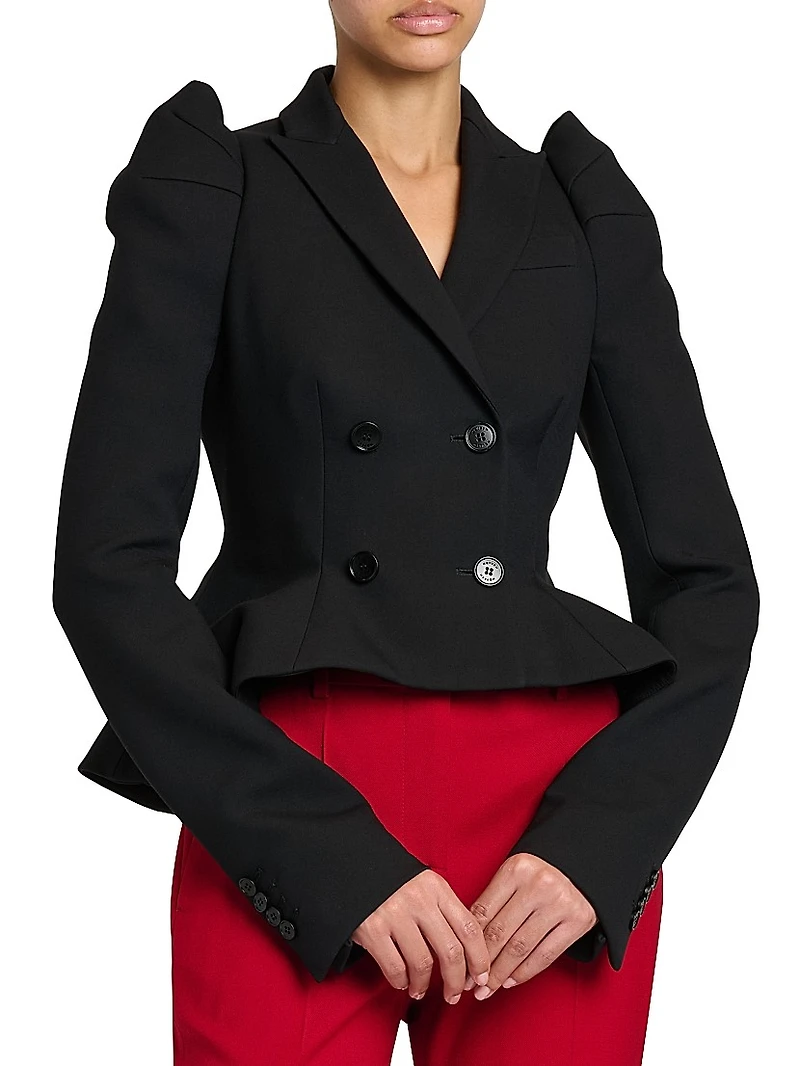 Stretch-Wool Crop Double-Breasted Blazer