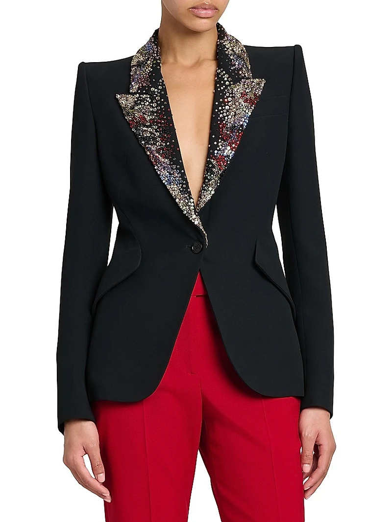 Embellished Leaf Crepe Blazer