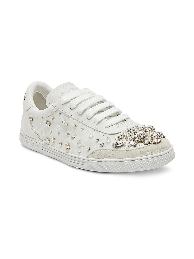 Crystal-Embellished Leather Low-Top Sneakers