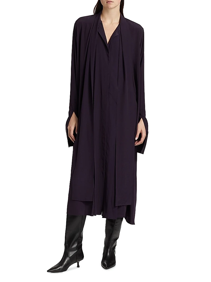 Silk Draped Tieneck Midi-Shirtdress