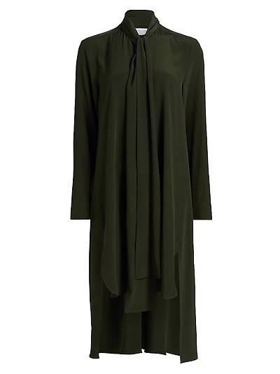 Scarf-Tie Silk Hi-Low Shirtdress