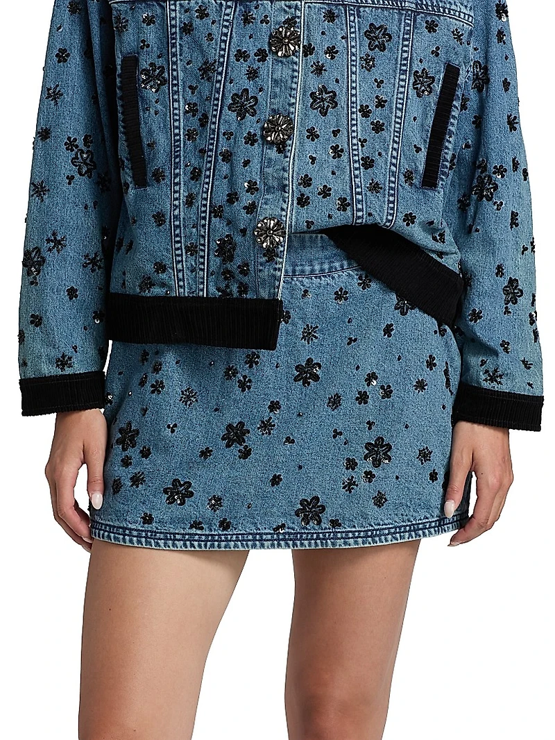 Sally Sequined Floral Denim Miniskirt