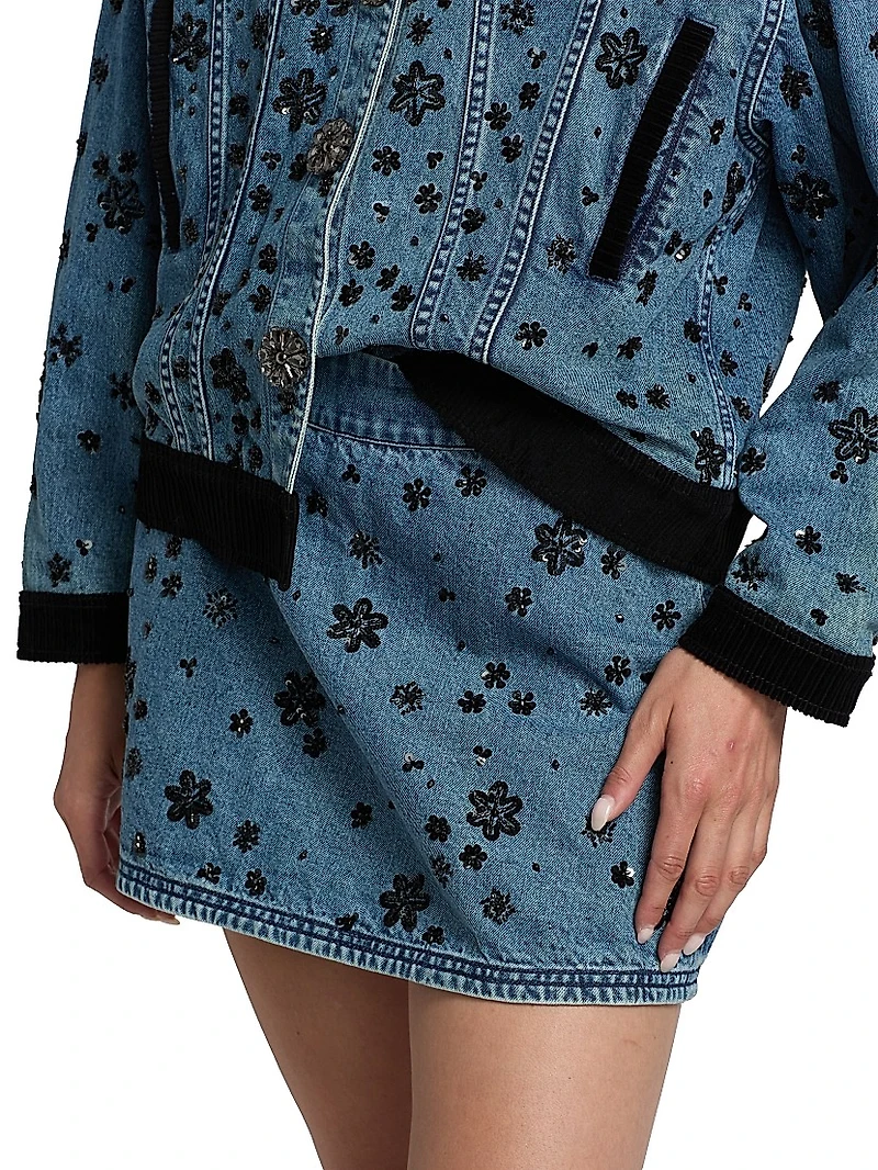Sally Sequined Floral Denim Miniskirt