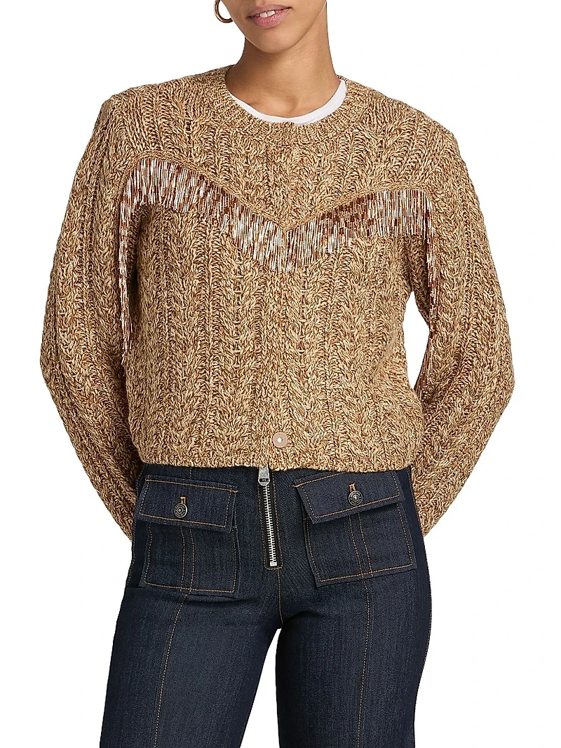Lisabeth Bugle-Fringed Knit Cardigan