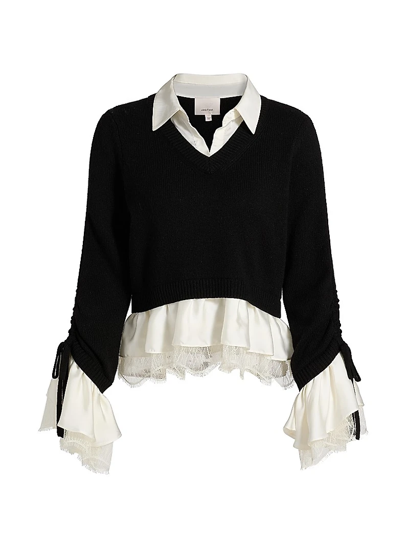 Milla Ruffled V-Neck Combo Sweater