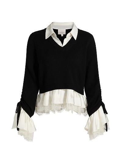 Milla Ruffled V-Neck Combo Sweater