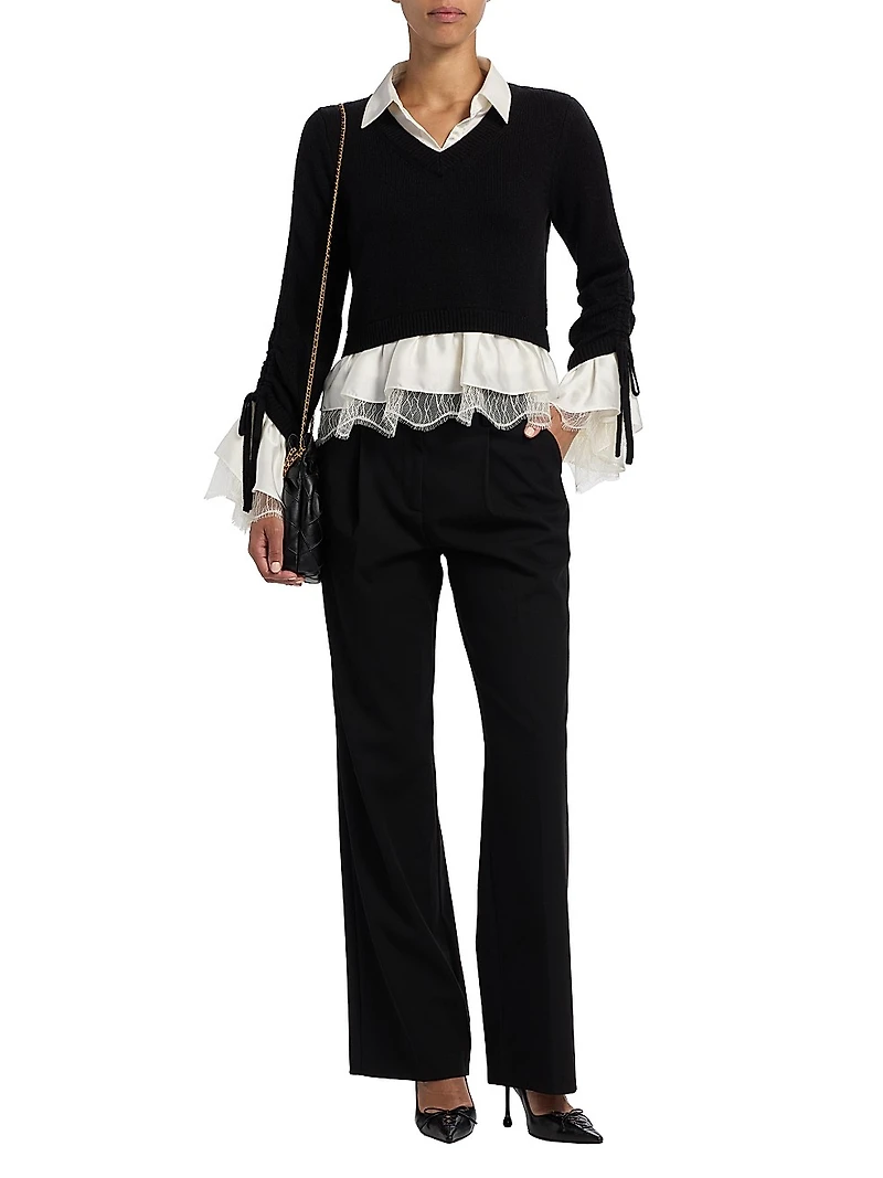 Milla Ruffled V-Neck Combo Sweater