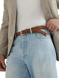 Reversed Leather Belt with Square Buckle and Tip
