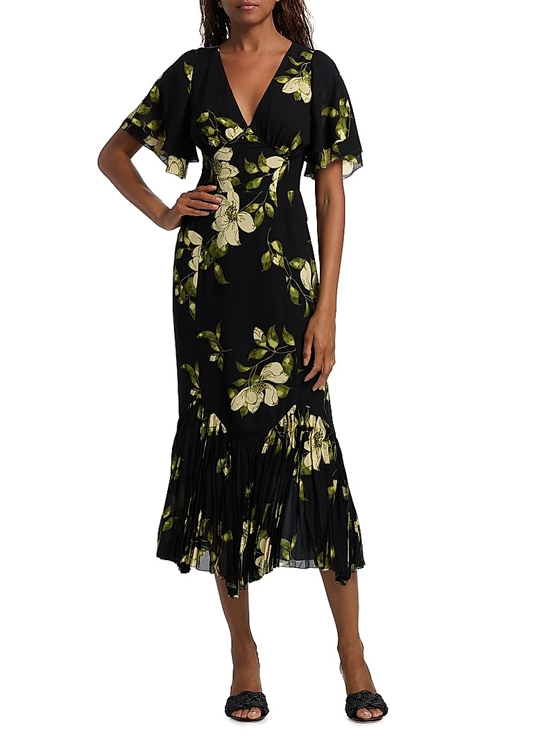 Salvia Ruffled Floral Midi-Dress