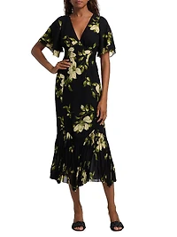 Salvia Ruffled Floral Midi-Dress