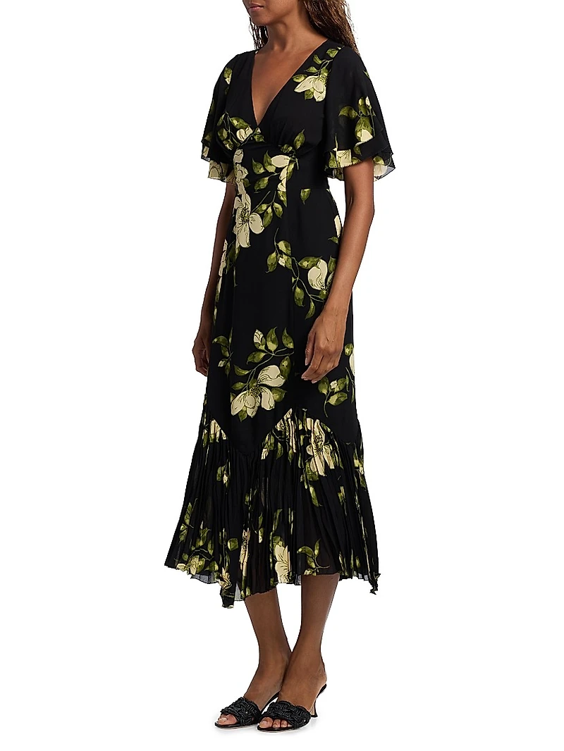 Salvia Ruffled Floral Midi-Dress