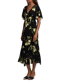 Salvia Ruffled Floral Midi-Dress