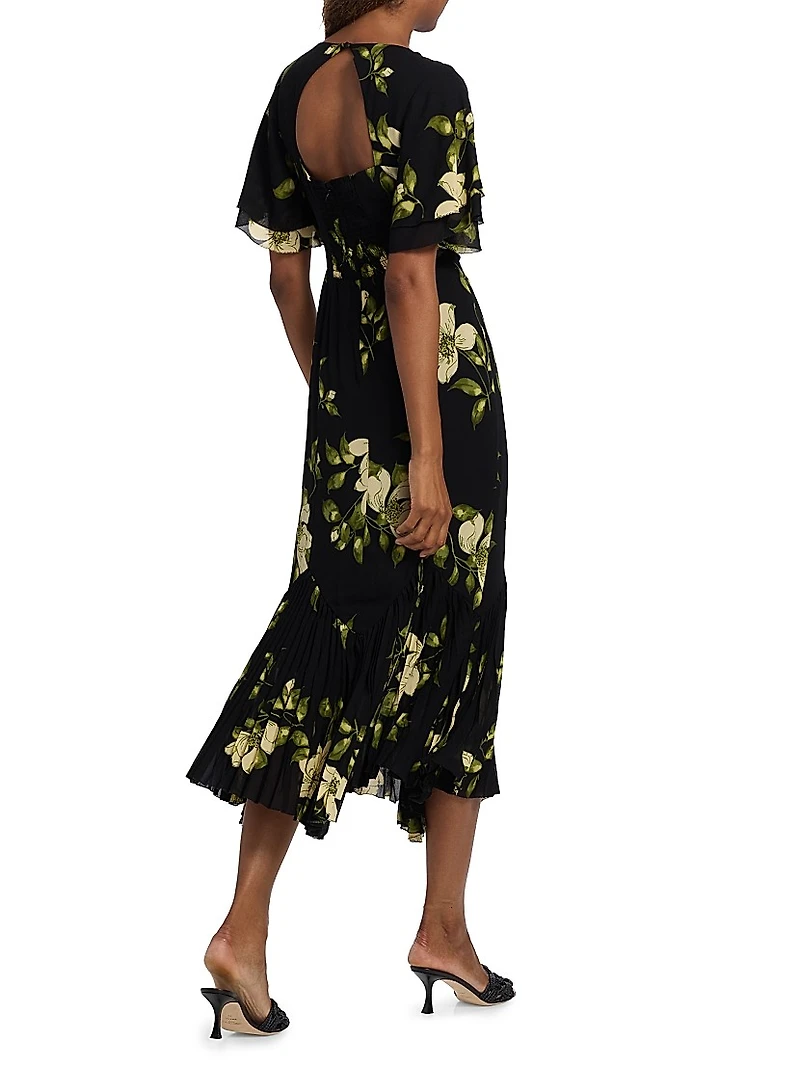 Salvia Ruffled Floral Midi-Dress