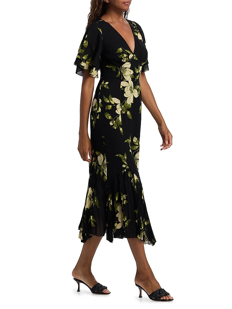Salvia Ruffled Floral Midi-Dress