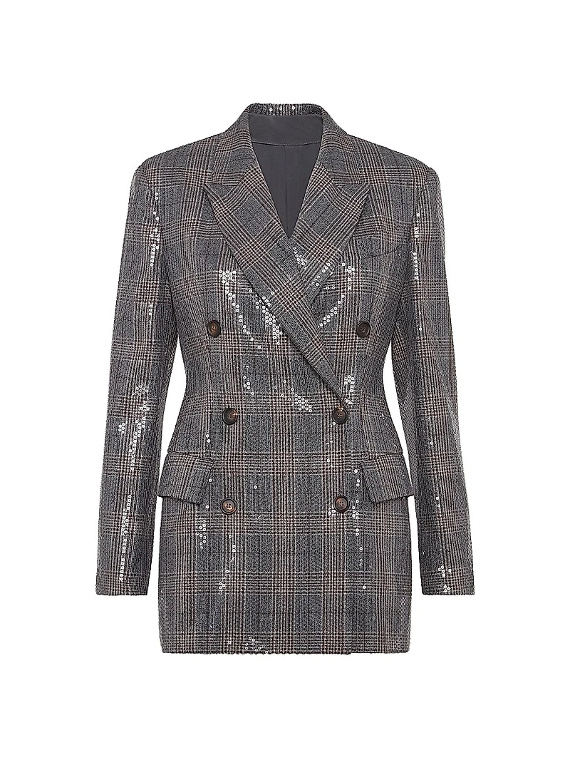 Virgin Wool Prince of Wales Blazer with Dazzling Embroidery