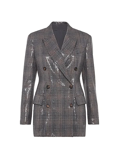 Virgin Wool Prince of Wales Blazer with Dazzling Embroidery