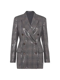 Virgin Wool Prince of Wales Blazer with Dazzling Embroidery