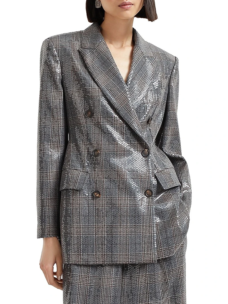 Virgin Wool Prince of Wales Blazer with Dazzling Embroidery