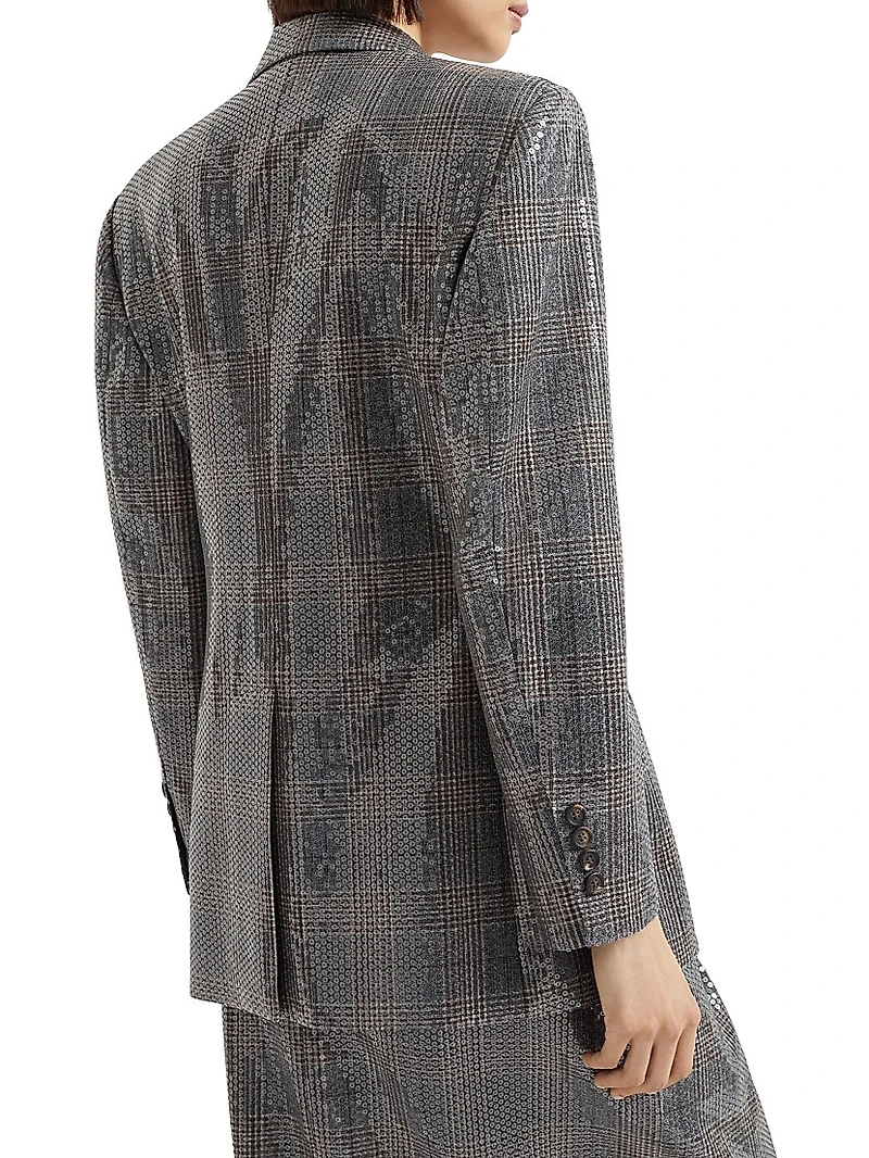 Virgin Wool Prince of Wales Blazer with Dazzling Embroidery