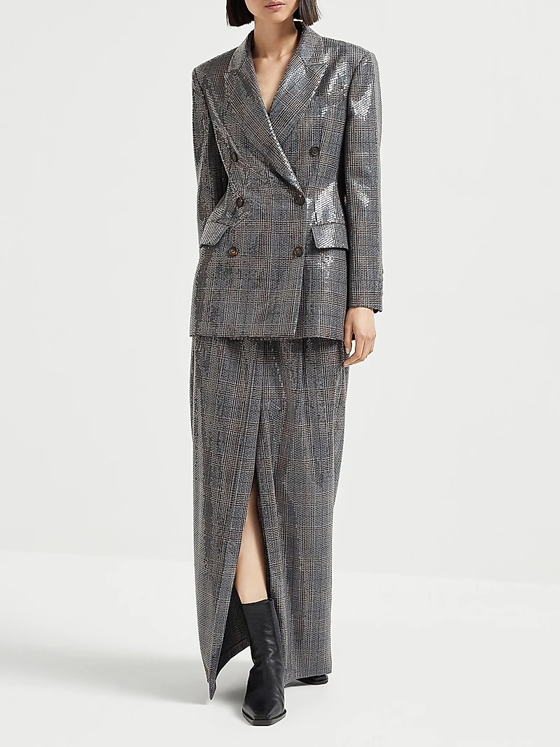 Virgin Wool Prince of Wales Blazer with Dazzling Embroidery