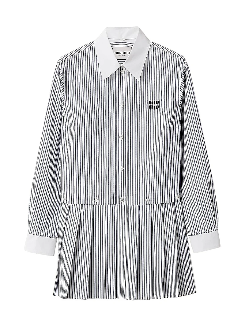 Pleated Striped Poplin Mini-Dress