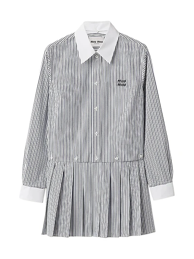 Pleated Striped Poplin Mini-Dress