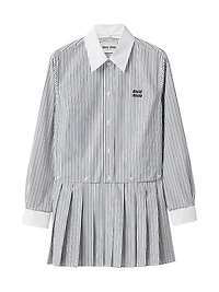 Pleated Striped Poplin Mini-Dress