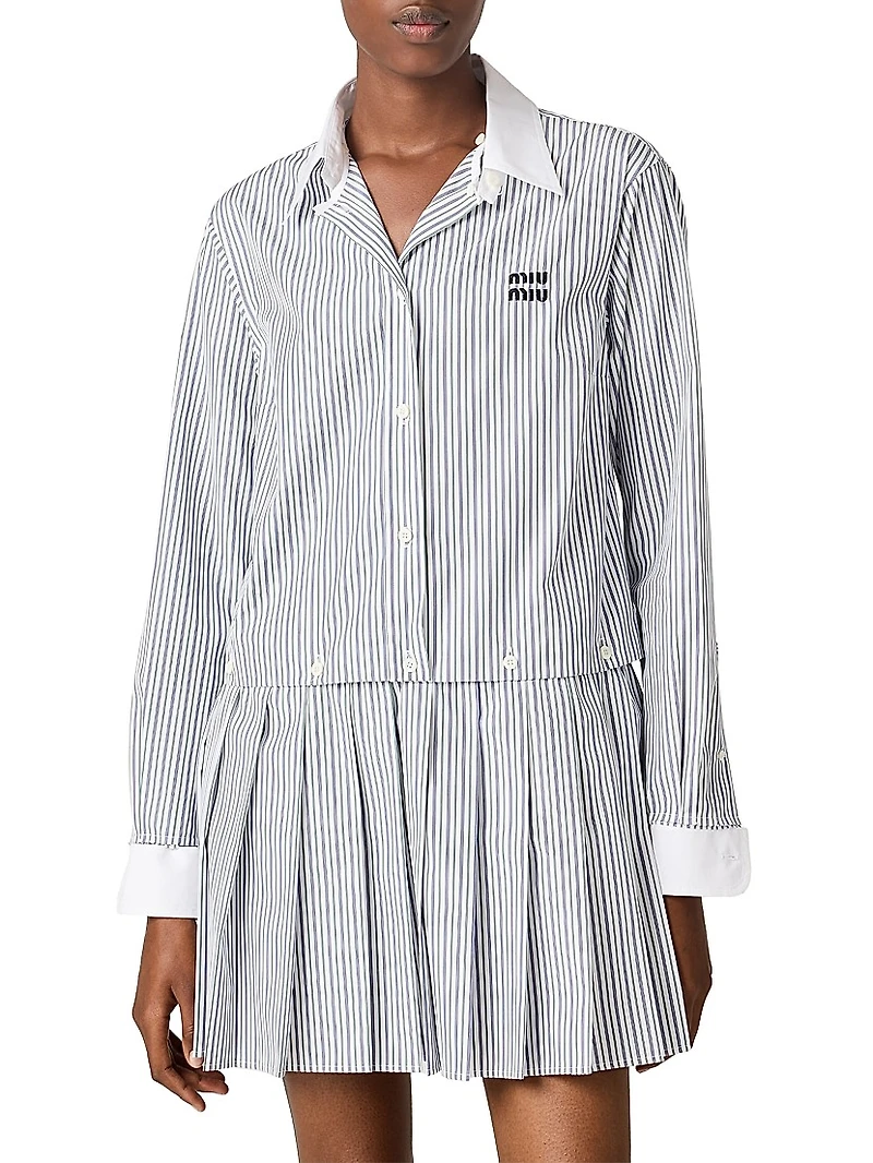 Pleated Striped Poplin Mini-Dress