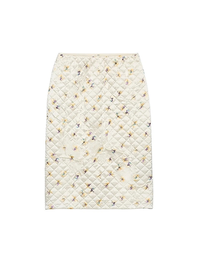 Floral-Print Quilted Satin Skirt
