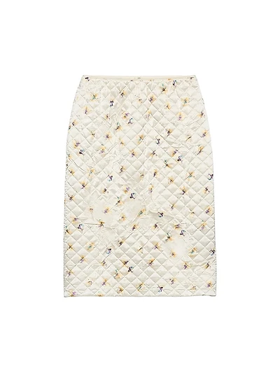 Floral-Print Quilted Satin Skirt