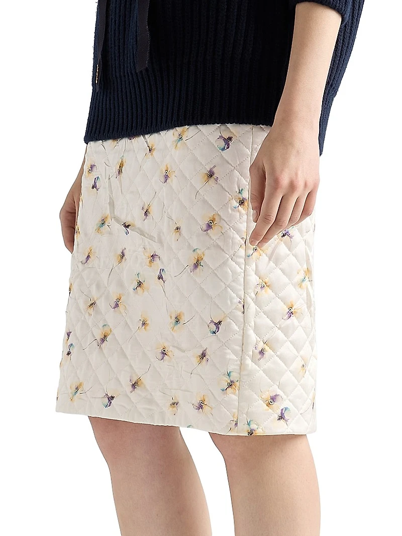 Floral-Print Quilted Satin Skirt