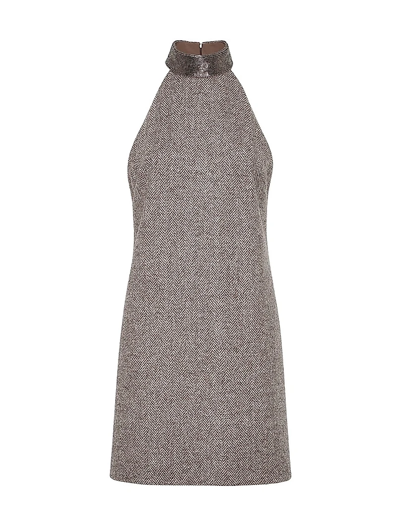 Virgin Wool Tweed Dress with Precious Beaded Collar