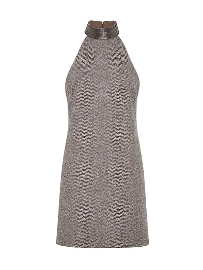 Virgin Wool Tweed Dress with Precious Beaded Collar