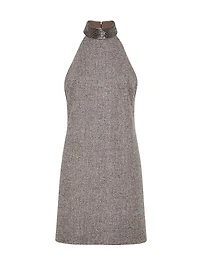 Virgin Wool Tweed Dress with Precious Beaded Collar