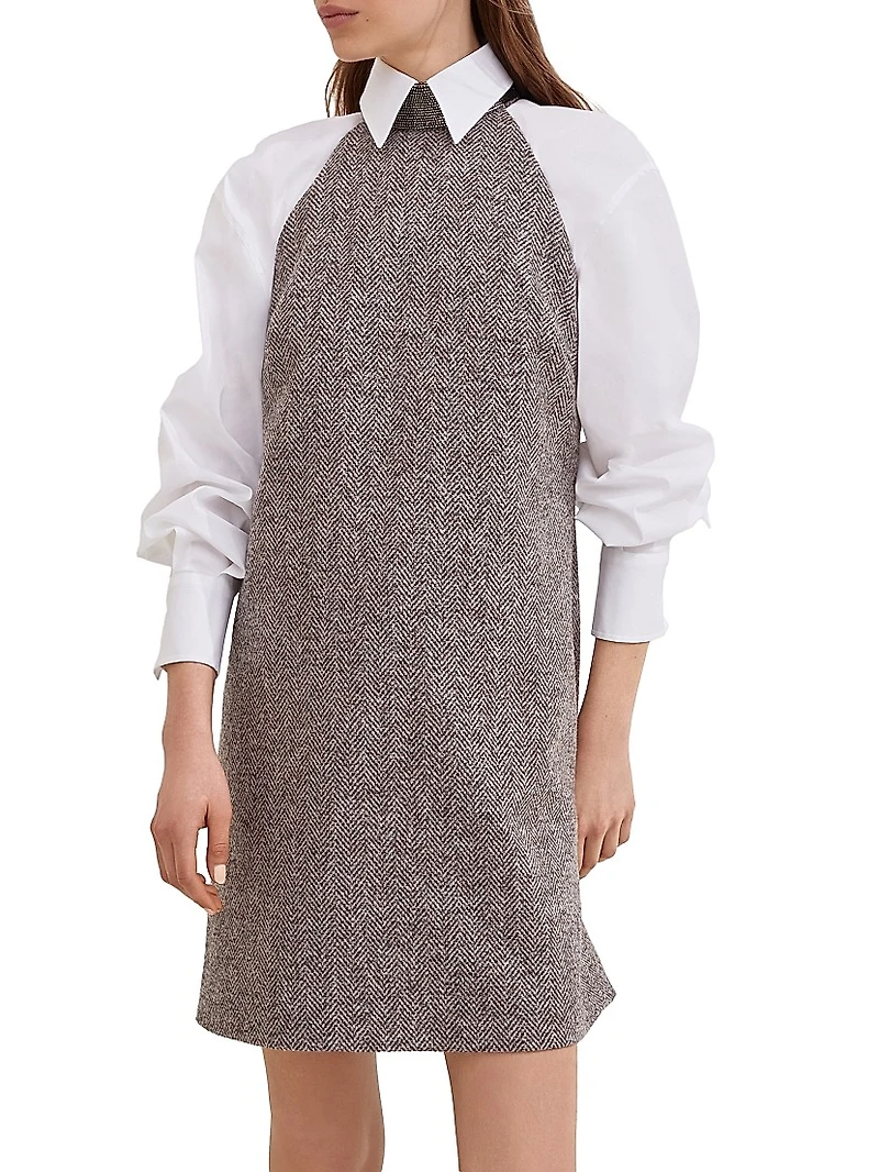 Virgin Wool Tweed Dress with Precious Beaded Collar