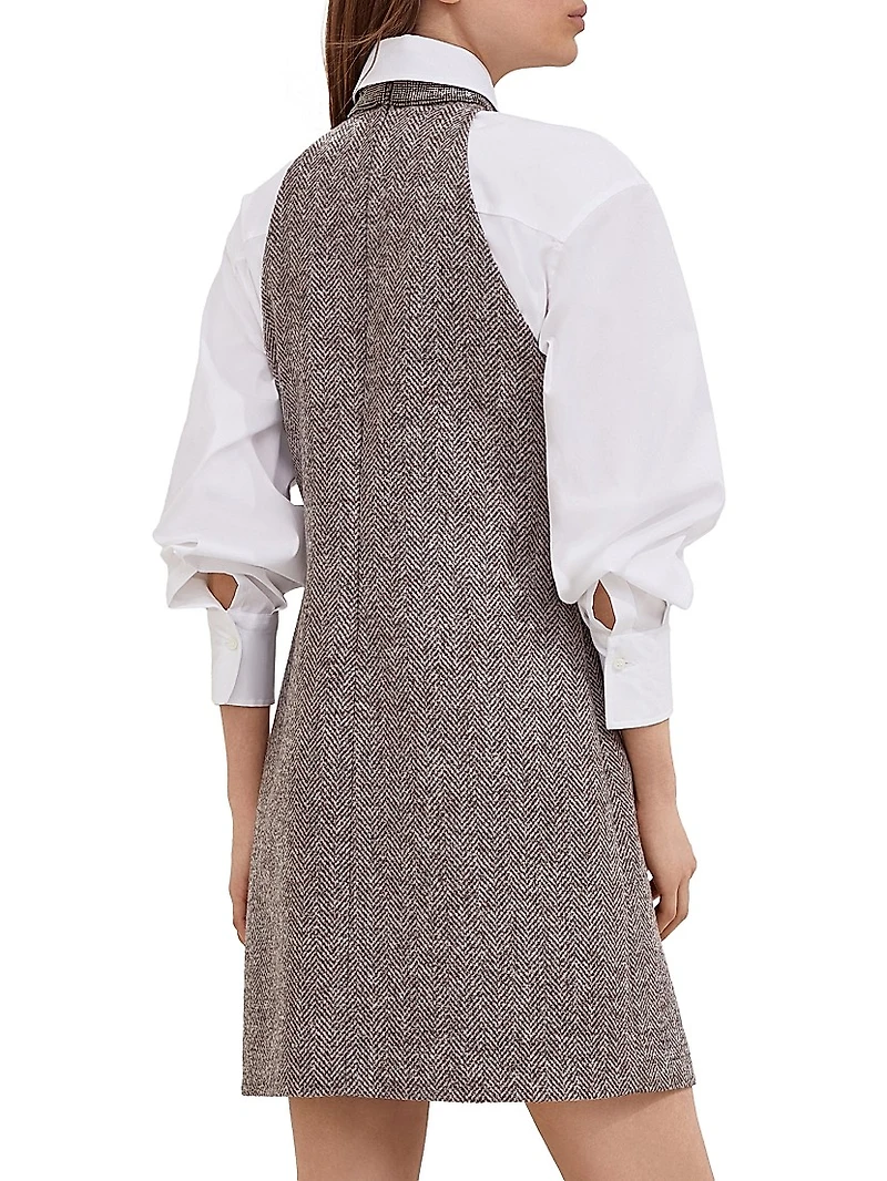 Virgin Wool Tweed Dress with Precious Beaded Collar