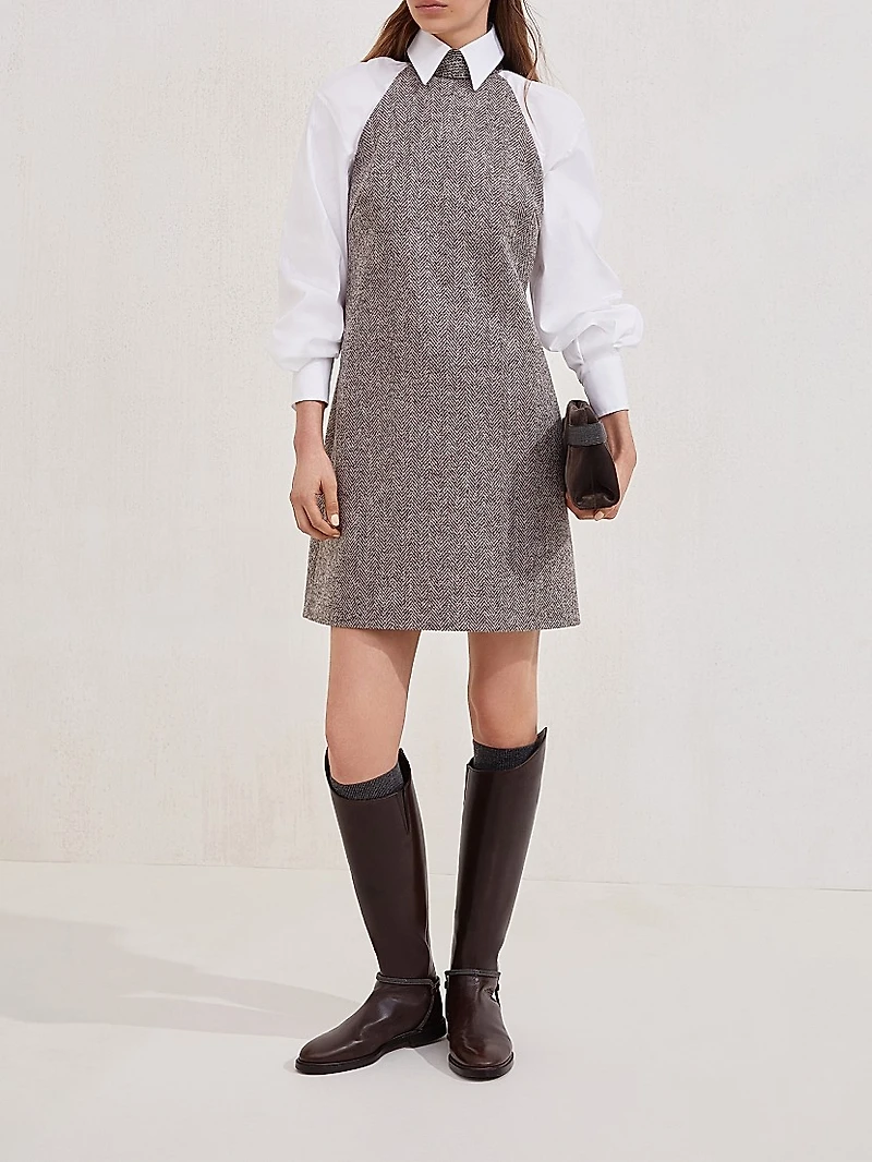 Virgin Wool Tweed Dress with Precious Beaded Collar