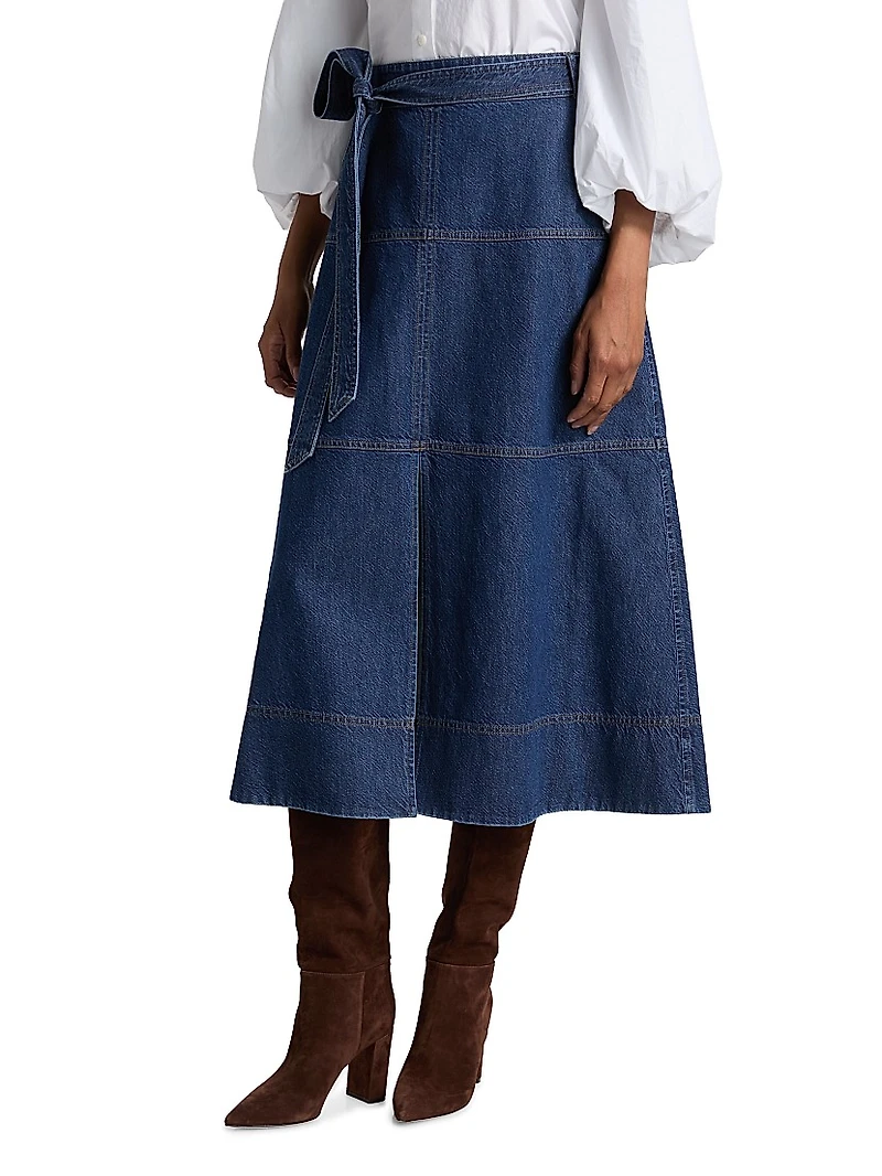 Hudley Tie-Waist Denim Midi-Skirt