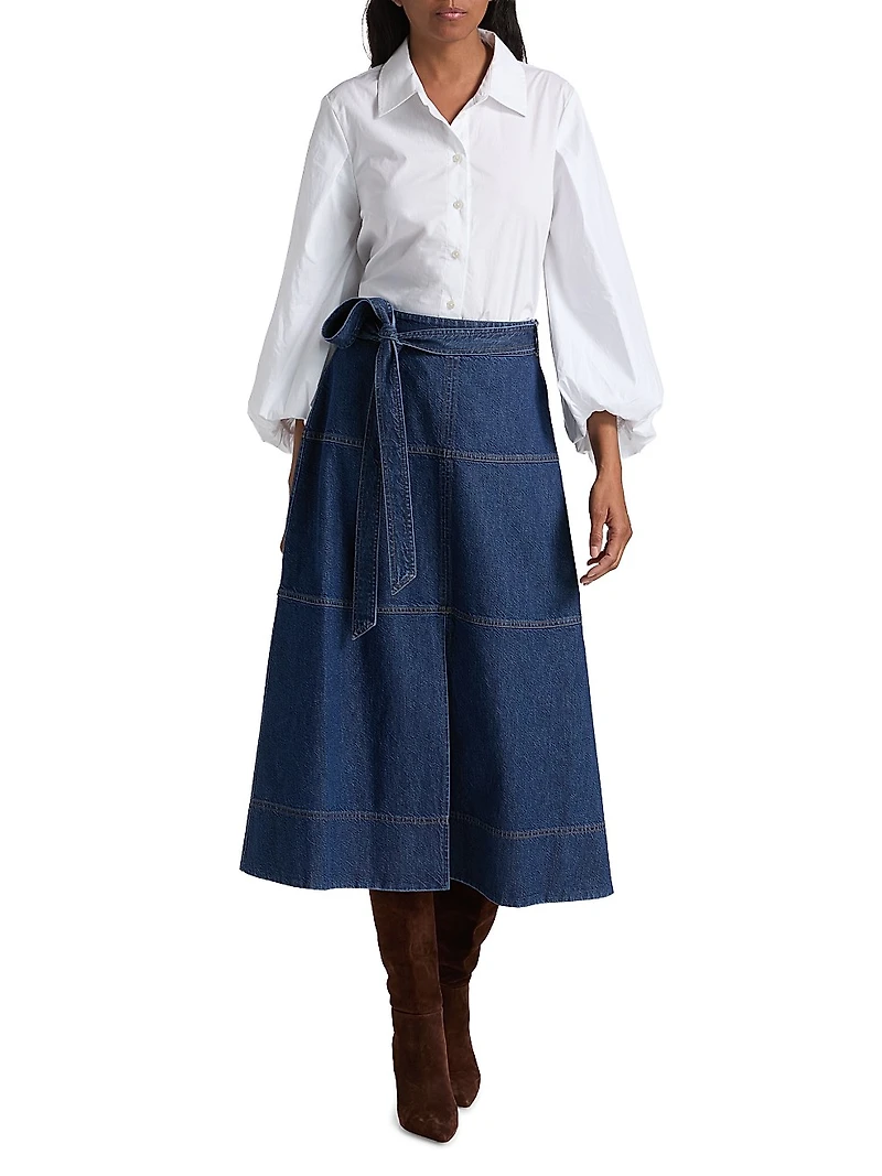 Hudley Tie-Waist Denim Midi-Skirt