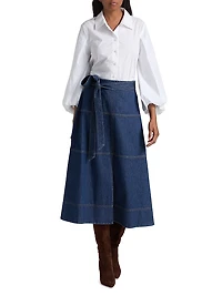 Hudley Tie-Waist Denim Midi-Skirt