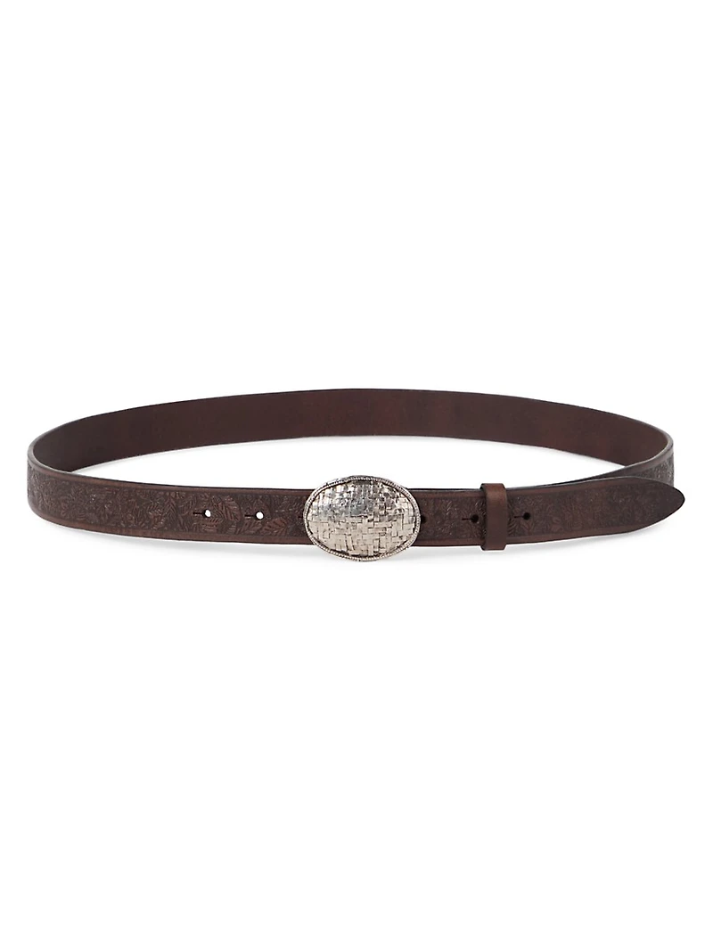 Leaf Motif Calfskin Belt with Braided Metal Buckle