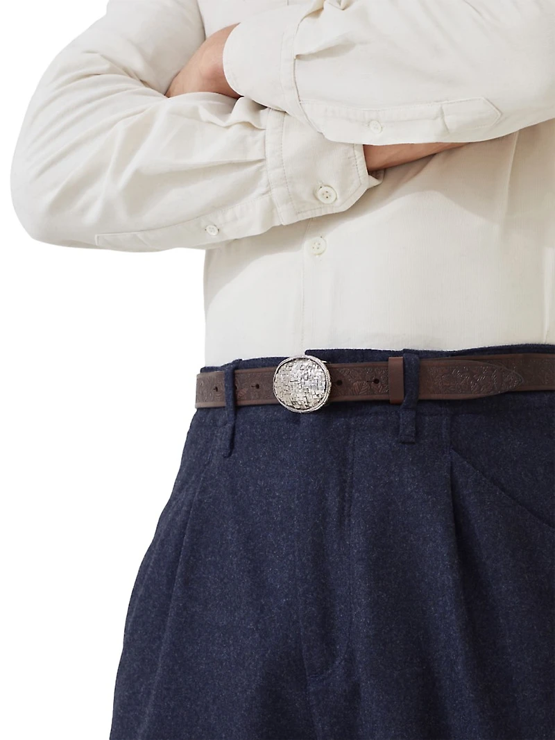 Leaf Motif Calfskin Belt with Braided Metal Buckle