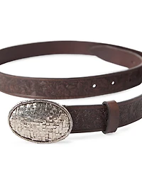 Leaf Motif Calfskin Belt with Braided Metal Buckle