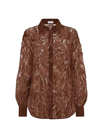Crispy Silk Shirt with Dazzling Floral Embroidery