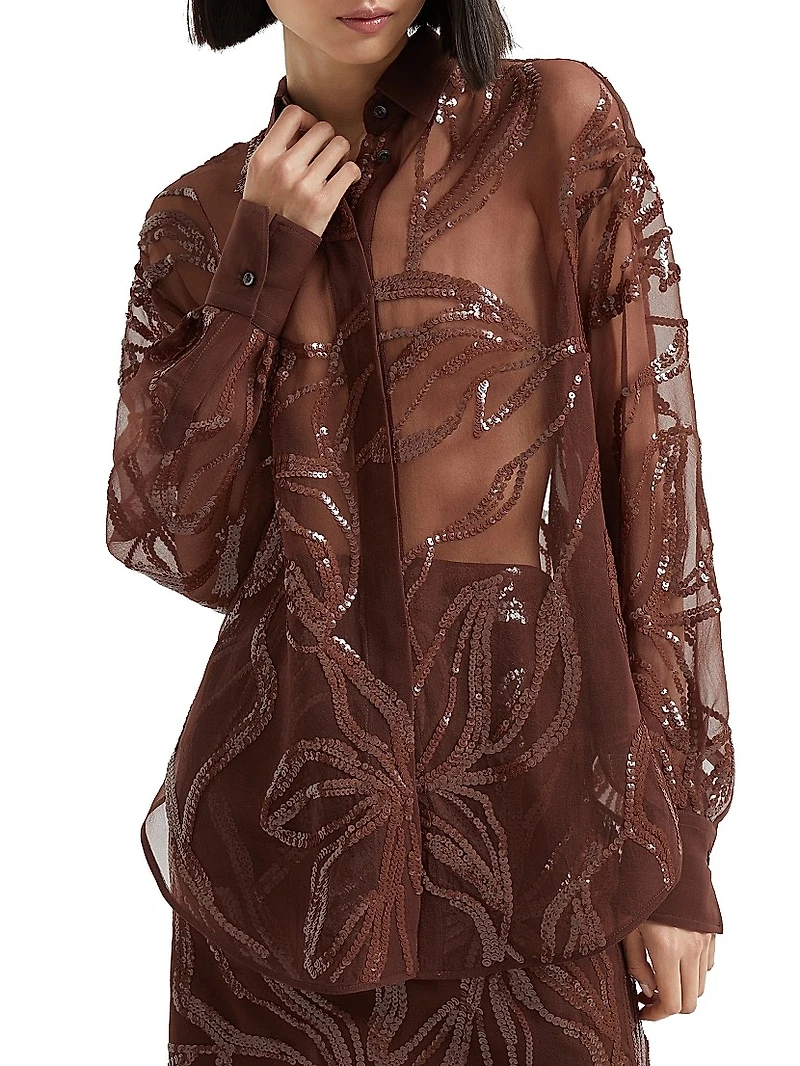 Crispy Silk Shirt with Dazzling Floral Embroidery