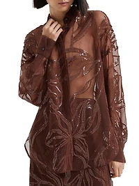 Crispy Silk Shirt with Dazzling Floral Embroidery