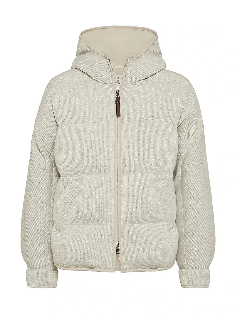 Sparkling Cashmere English Rib Knit Hooded Down Jacket with Shiny Zipper Pull