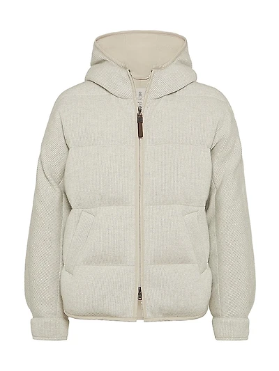 Sparkling Cashmere English Rib Knit Hooded Down Jacket with Shiny Zipper Pull