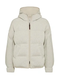Sparkling Cashmere English Rib Knit Hooded Down Jacket with Shiny Zipper Pull