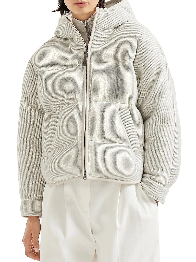 Sparkling Cashmere English Rib Knit Hooded Down Jacket with Shiny Zipper Pull